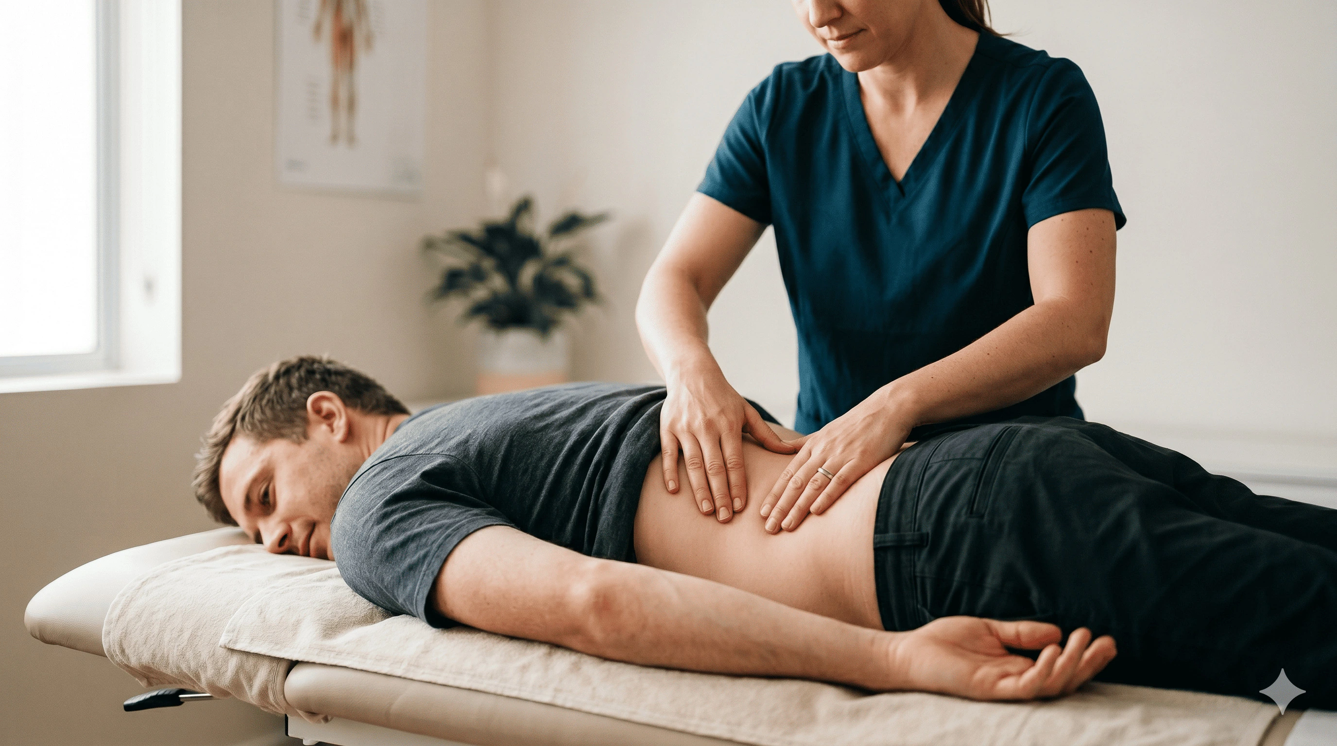 Fisioterapeuta a avaliar com calma a zona lombar de um paciente em ambiente clínico